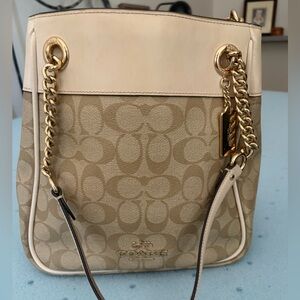 Coach Beige Signature Canvas Shoulder Bag with Gold Hardware